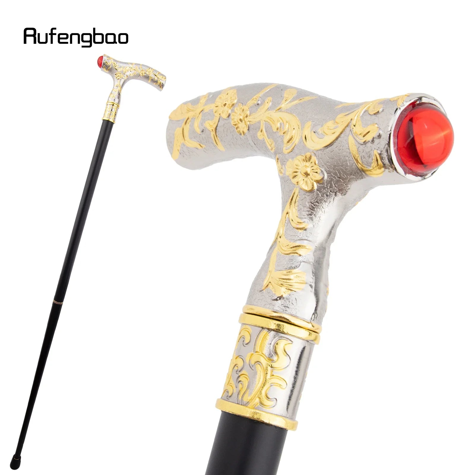 Luxury Crosier Walking Stick – Red Gem Flower Ball Handle, Golden White Design, 92cm