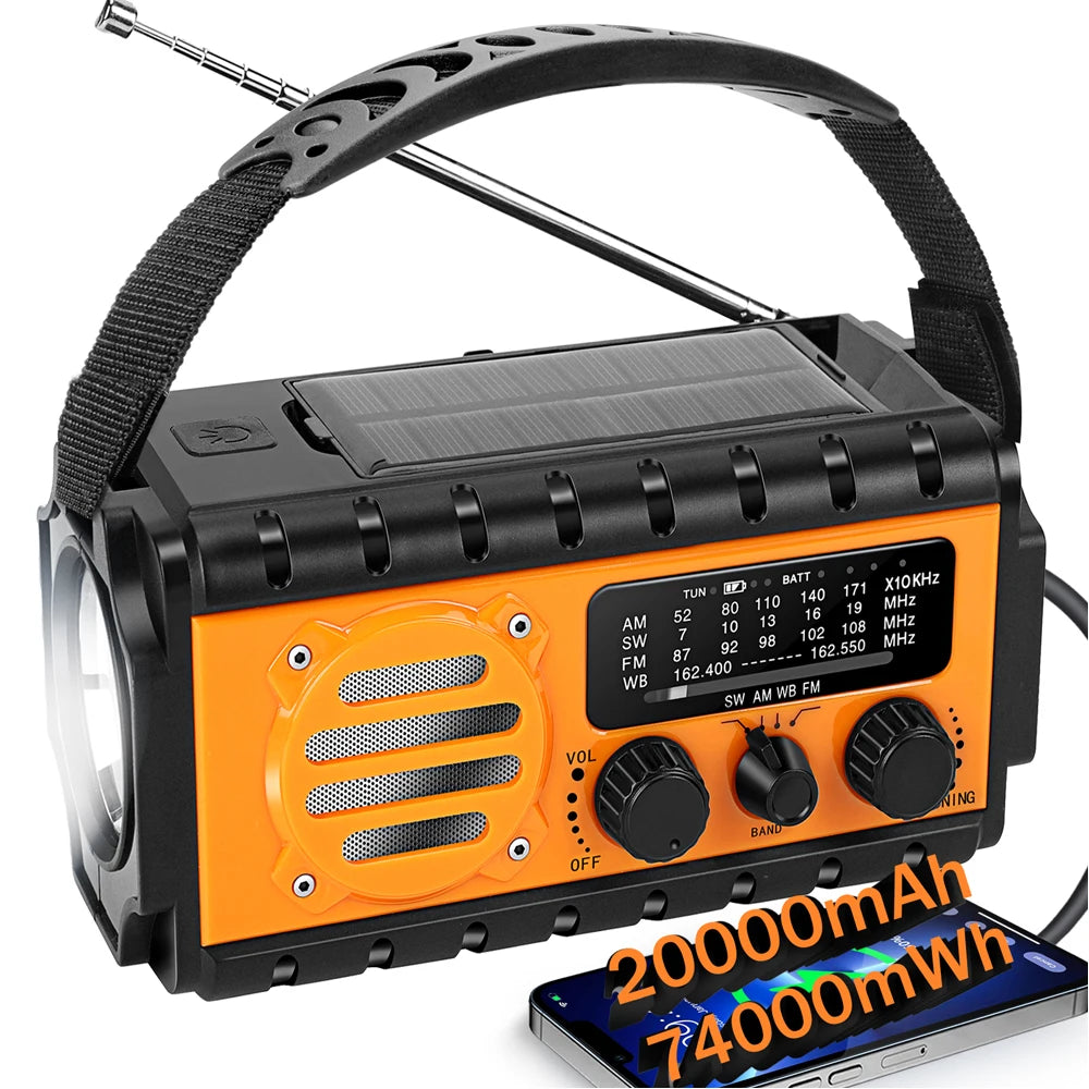 Emergency Weather Radio – 20000mAh Solar Power Bank with AM/FM/NOAA, SOS Alarm & Flashlight