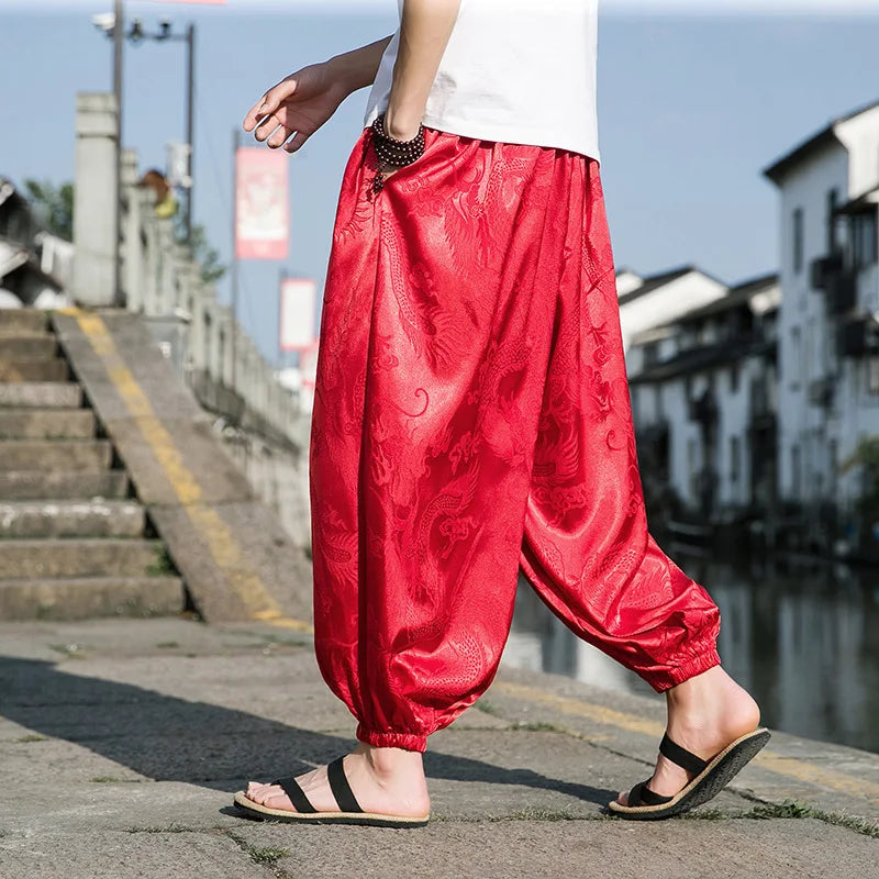 Men’s Ice Silk Wide-Leg Pants - Dragon Design with Drawstring Waist  Breathable Modest Trousers