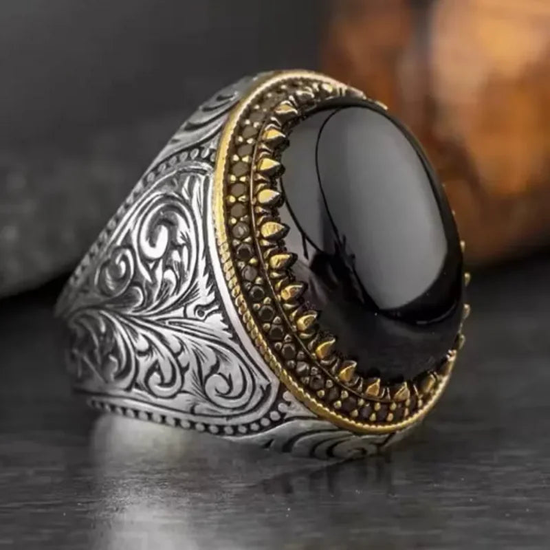 Mens Vintage Turkish Ring – 925 Sterling Silver with Natural Black Agate