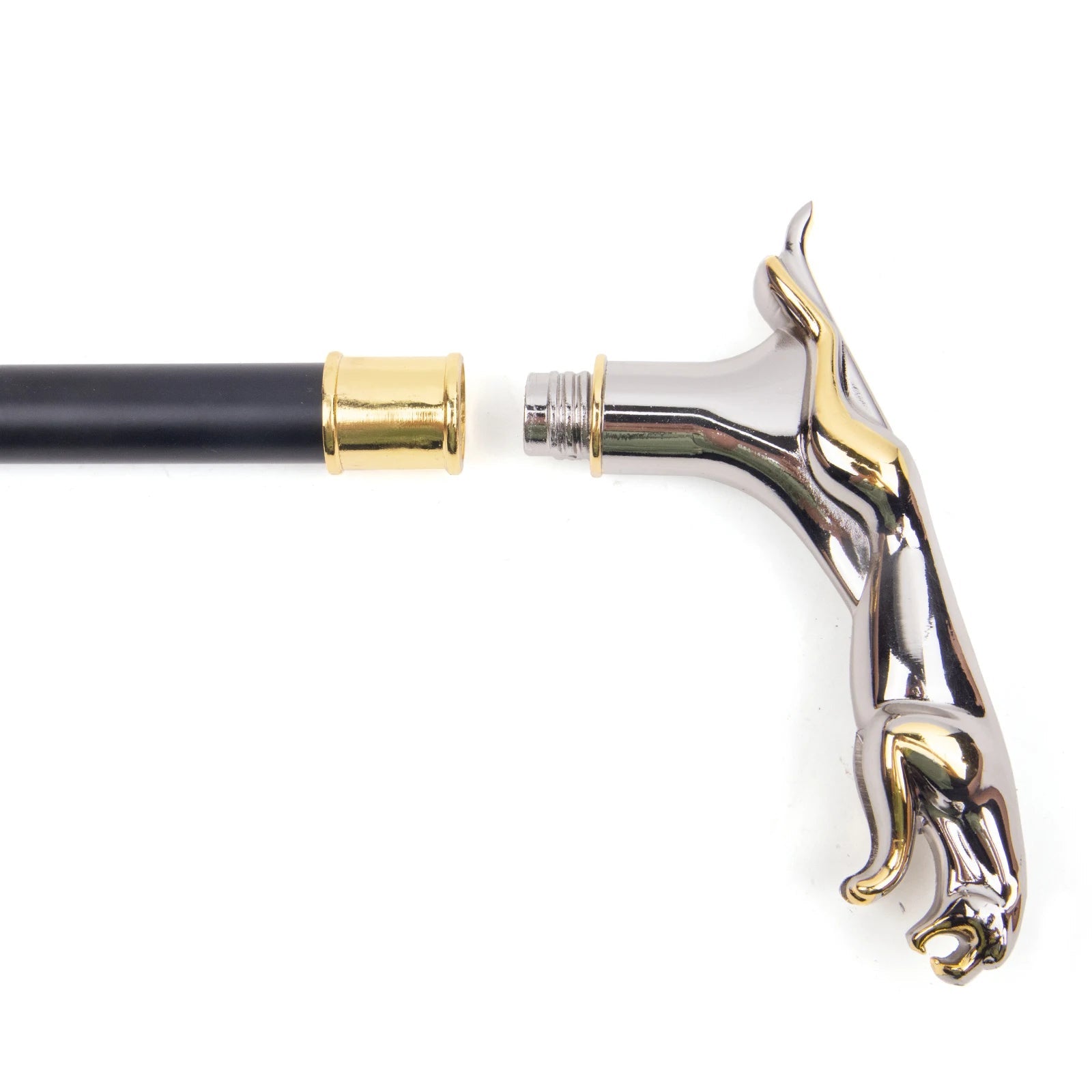 Decorative walking cane with chrome and gold accents on a white background