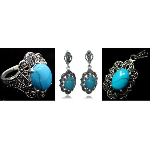 Timeless Blue Turquoise 925 Sterling Silver Marcasite Jewelry Set