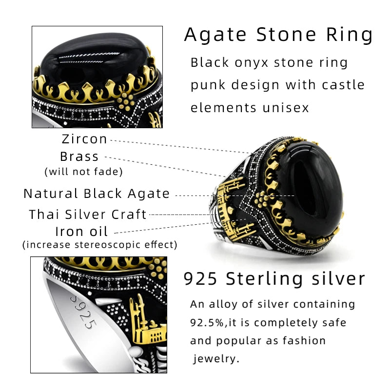 Vintage Black Natural Agate 925 Silver Signet Ring