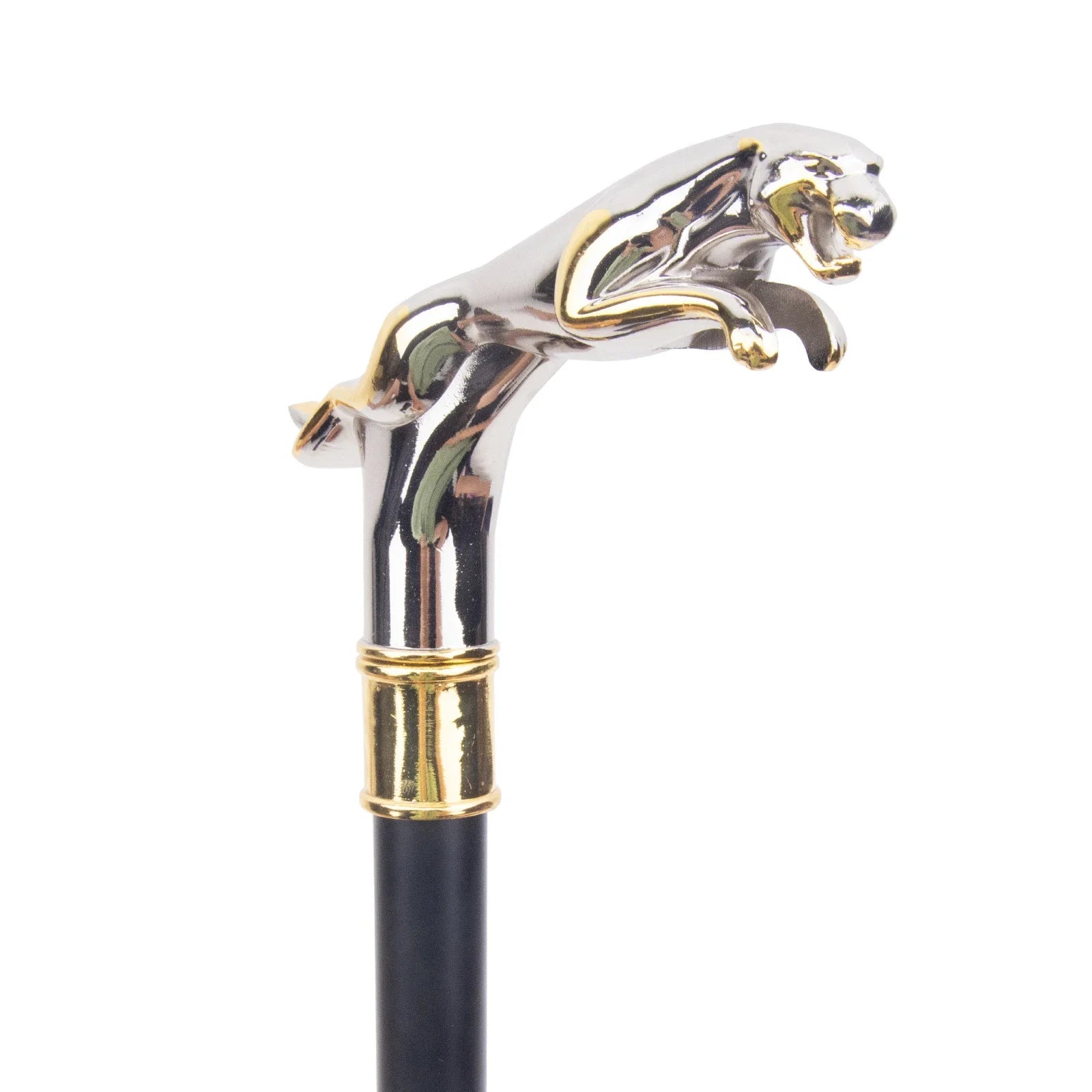 Decorative walking cane with a silver and gold handle featuring a panther design on a white background.