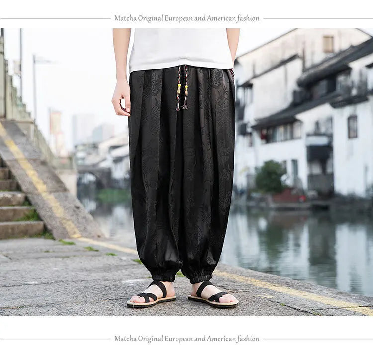 Men’s Ice Silk Wide-Leg Pants - Dragon Design with Drawstring Waist  Breathable Modest Trousers
