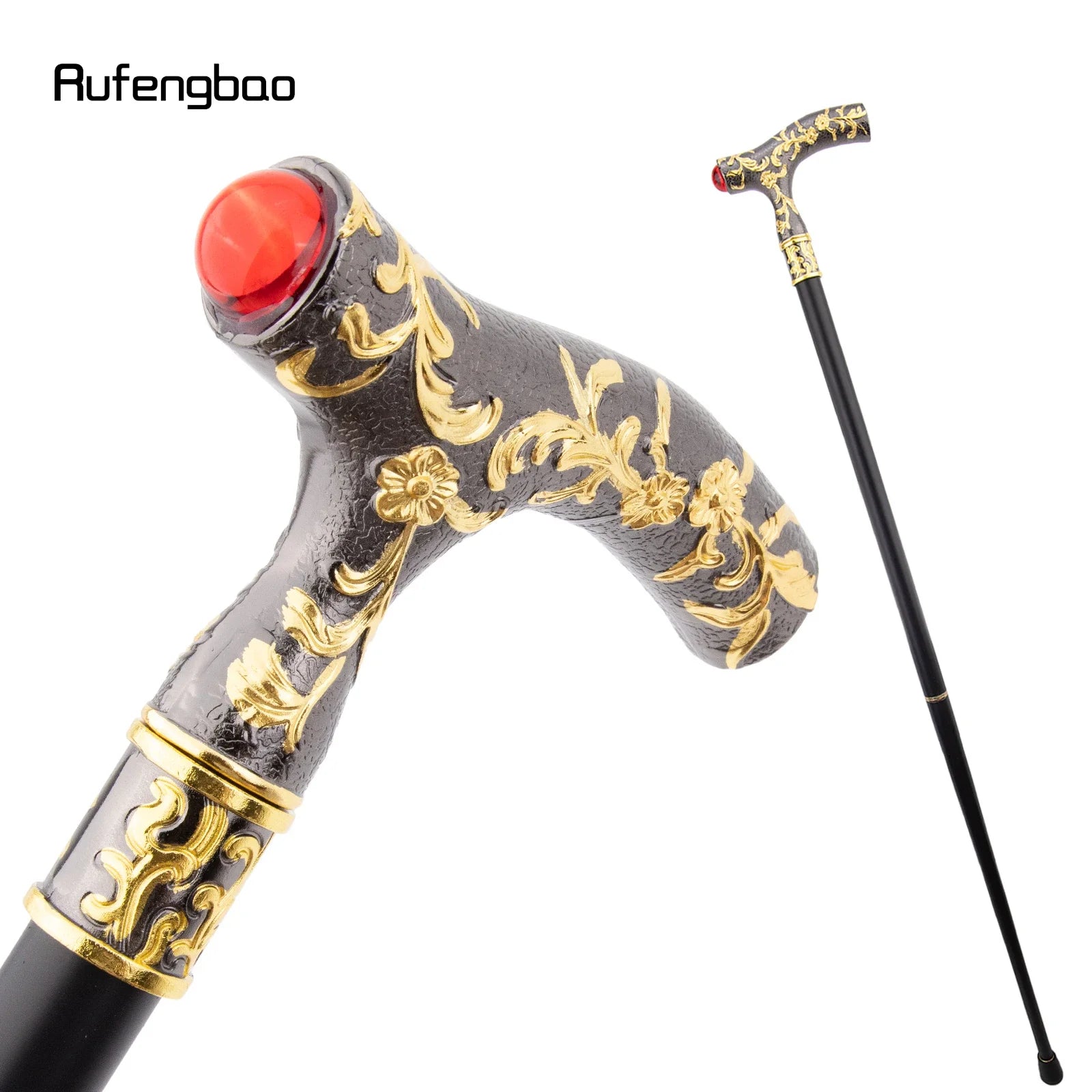 Red Diamond Flower Ball Walking Cane – Vintage Golden Black Crosier 92cm