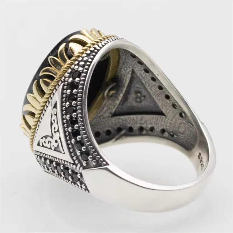 Mens Vintage Turkish Ring – 925 Sterling Silver with Natural Black Agate