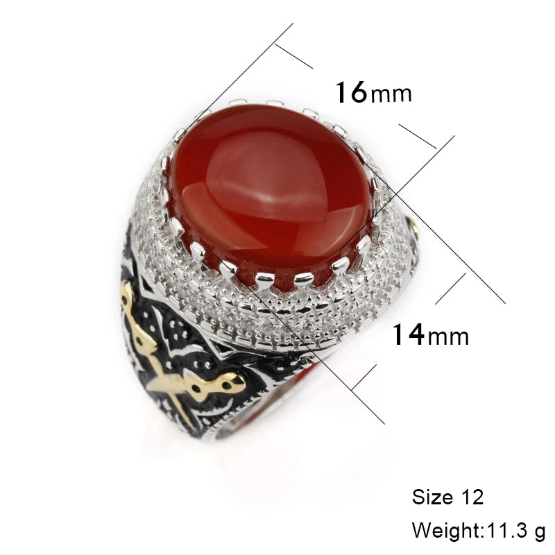 Turkish Red Agate Aqeeq Ring – 925 Sterling Silver with Double Sword Design