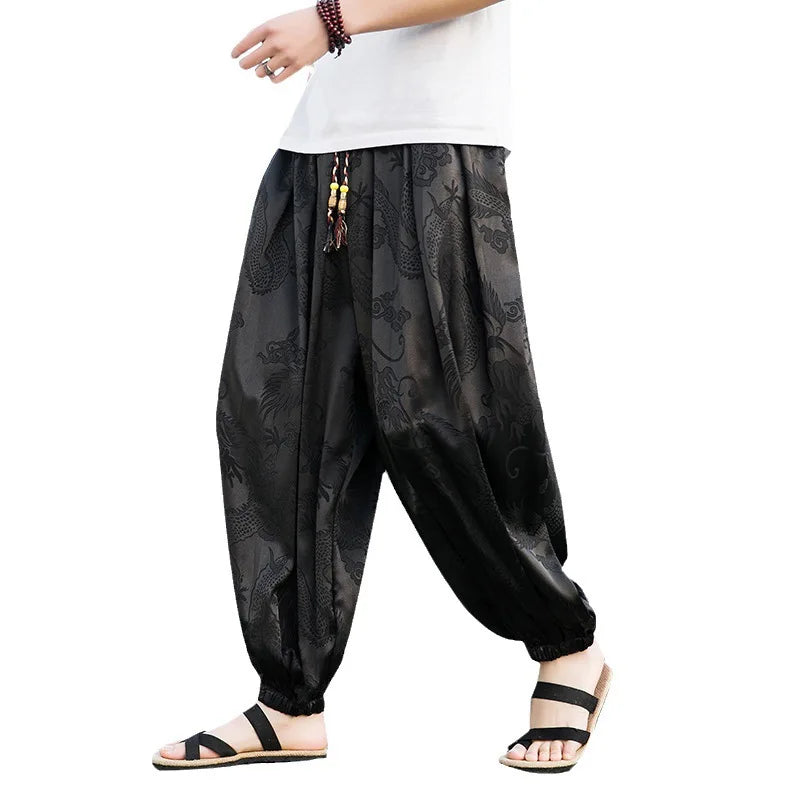 Men’s Ice Silk Wide-Leg Pants - Dragon Design with Drawstring Waist  Breathable Modest Trousers