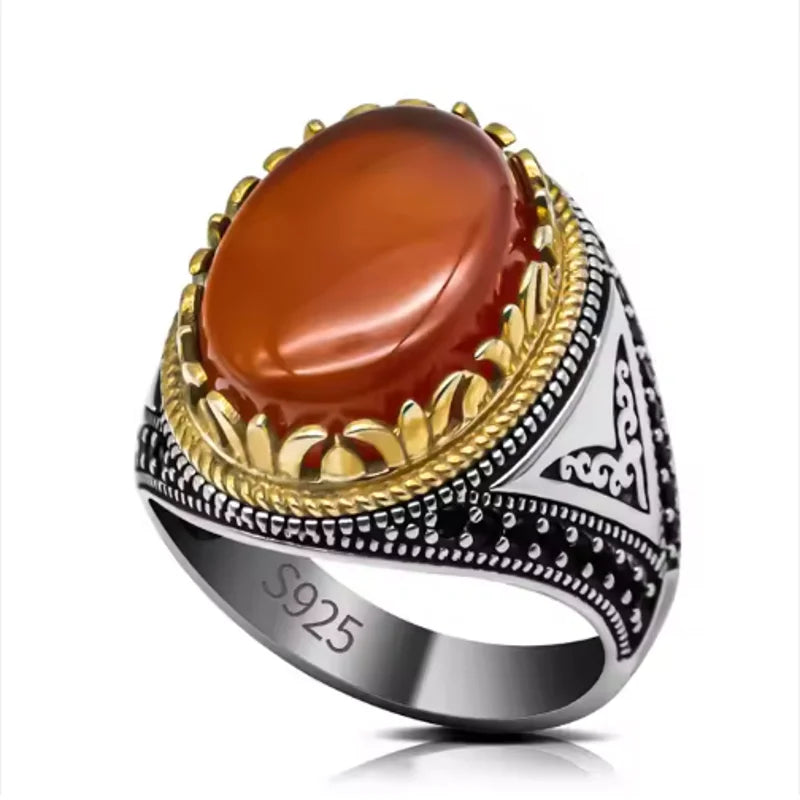 Mens Vintage Turkish Ring – 925 Sterling Silver with Natural Black Agate