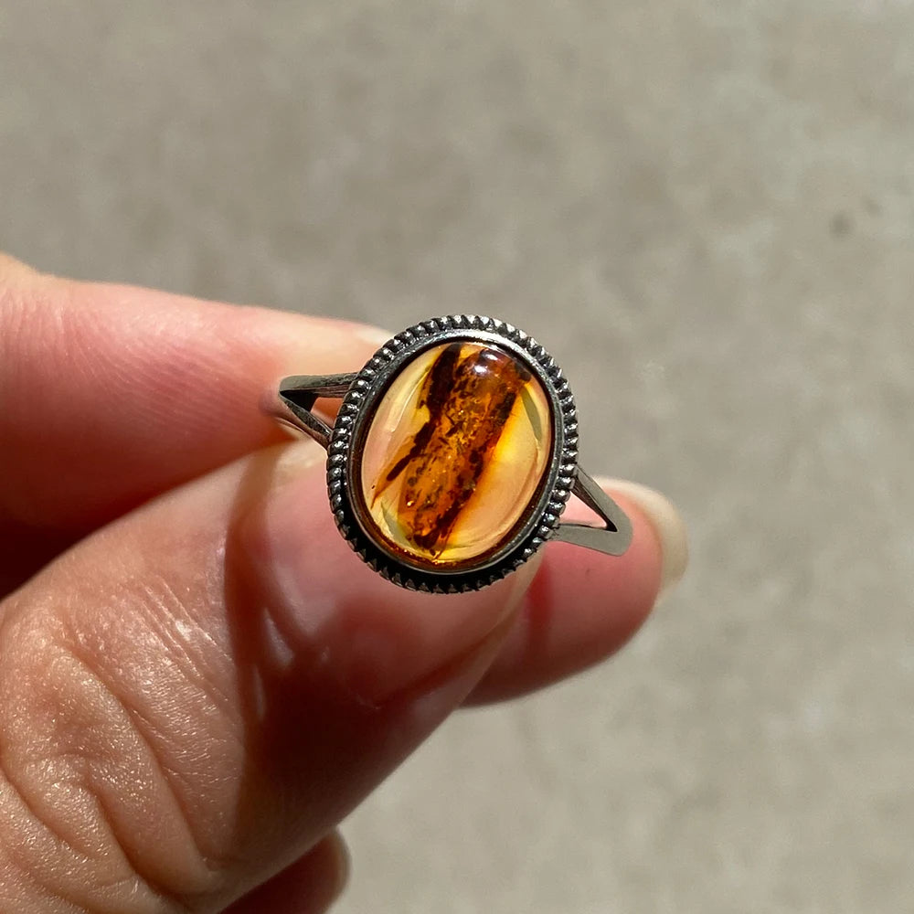 Handcrafted 925 Silver Amber Ring – Organic Fossil Gemstone Design