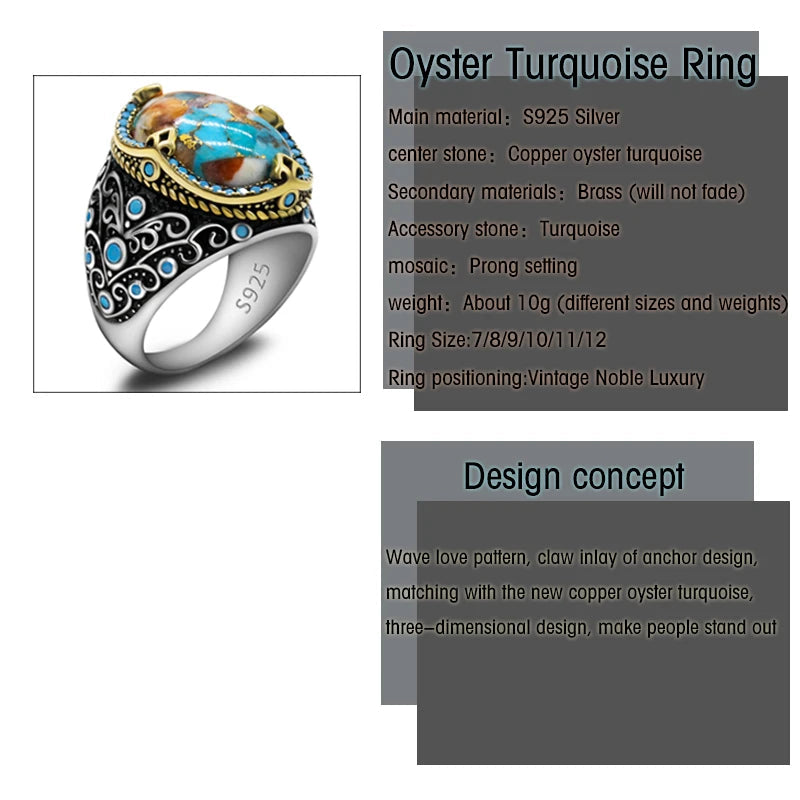 Vintage Türkiye Handmade S925 Silver Oyster Turquoise Ring