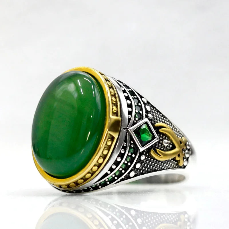 Turkish Handmade Sterling Silver Ring – S925 Natural Green Agate