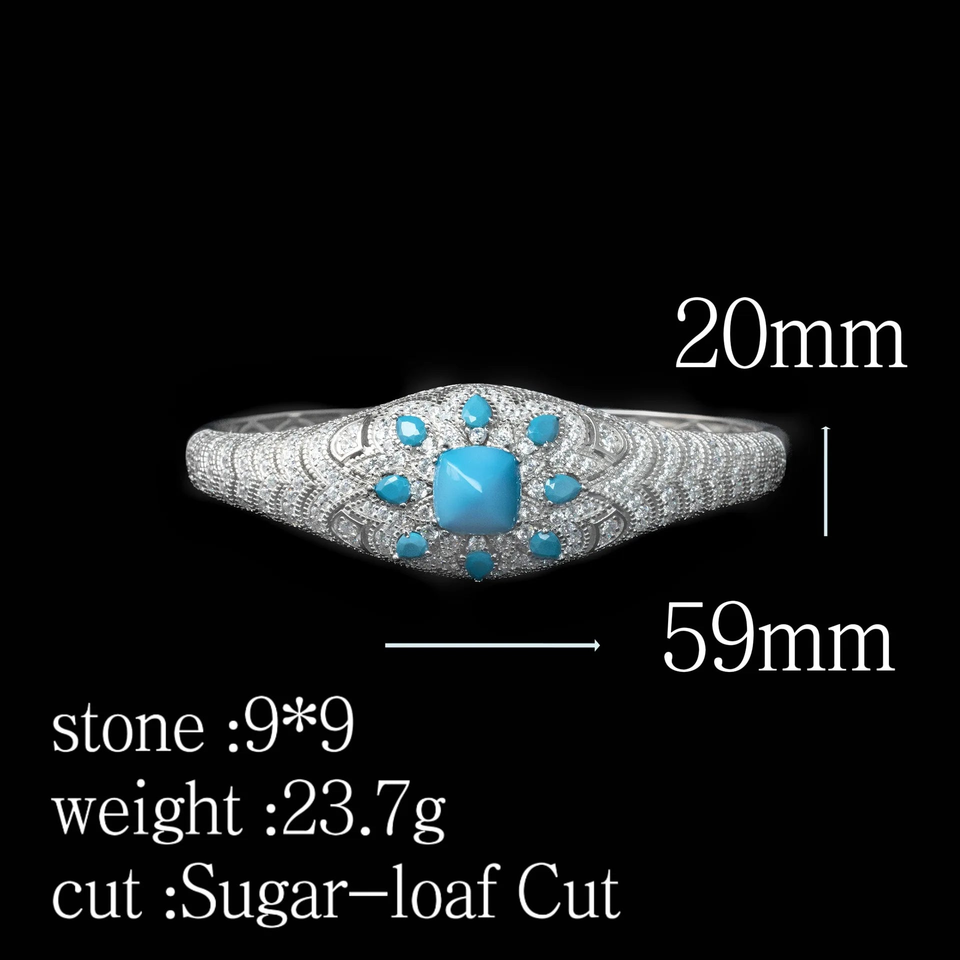 Jewelry item with measurements and stone details on a black background