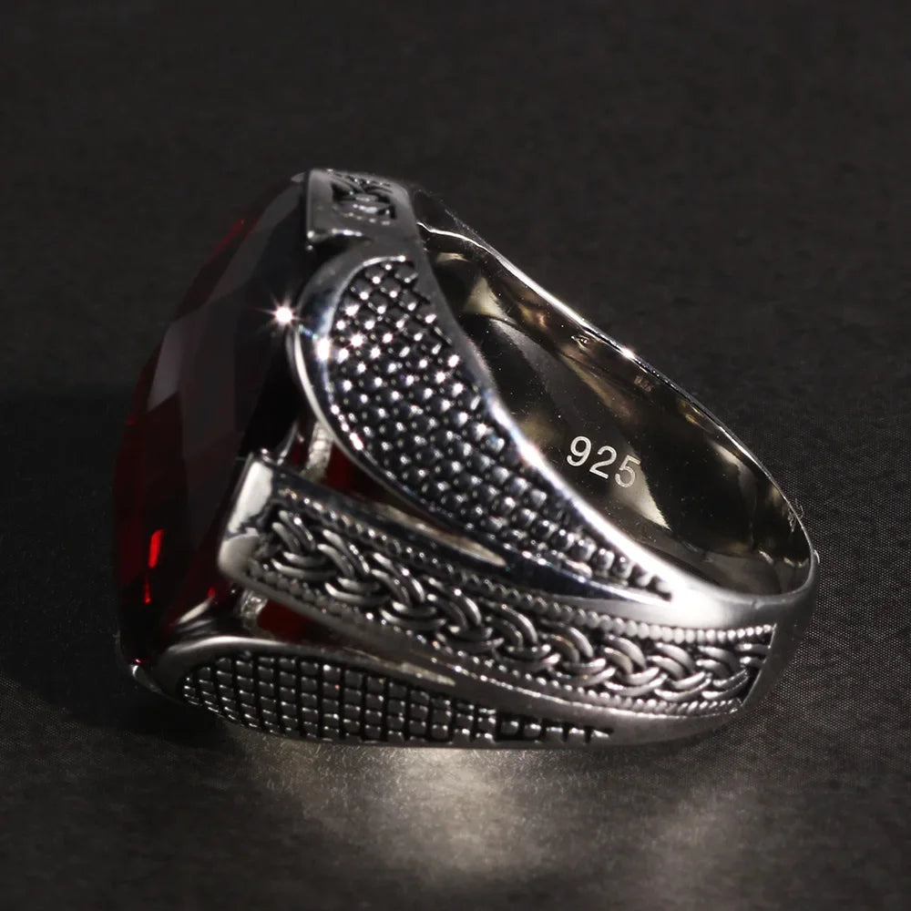 Mens 925 Sterling Silver Red Zircon Ring – Faceted Turkish Vintage Jewelry