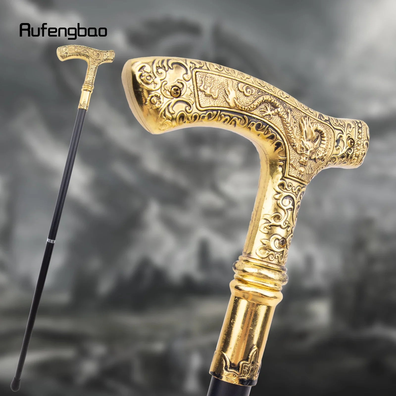 Golden Dragon Decorative Walking Stick – 89cm Steel Shaft with Luxury Patterned Knob