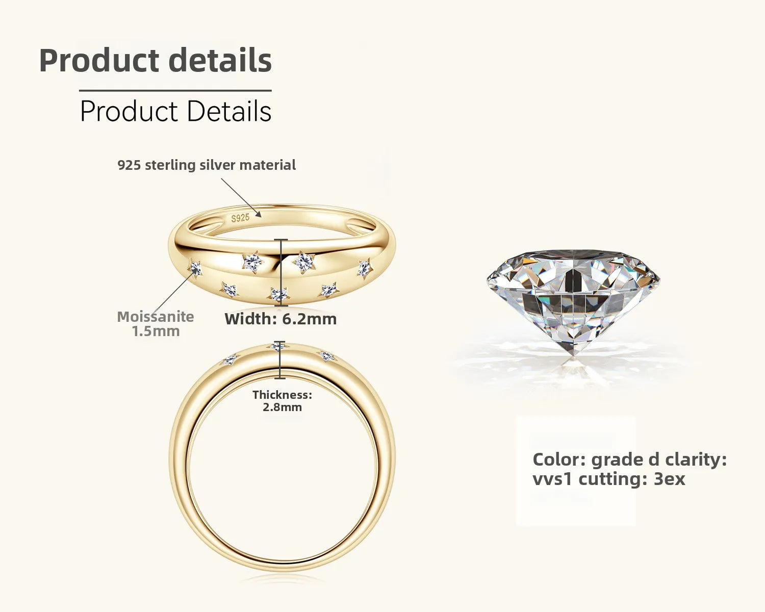 Starry Halo Moissanite Ladies Ring – 925 Sterling Silver, 18K Gold Plated, VVS1 D Color 3EX Cut