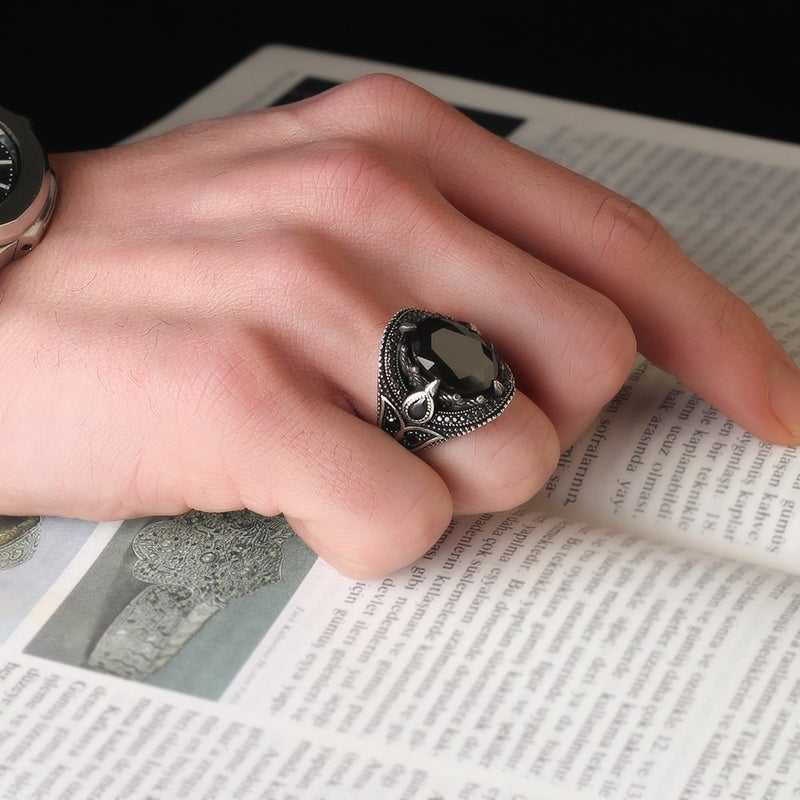 Black Zirconia Gemstone Turkish Silver Ring for Men