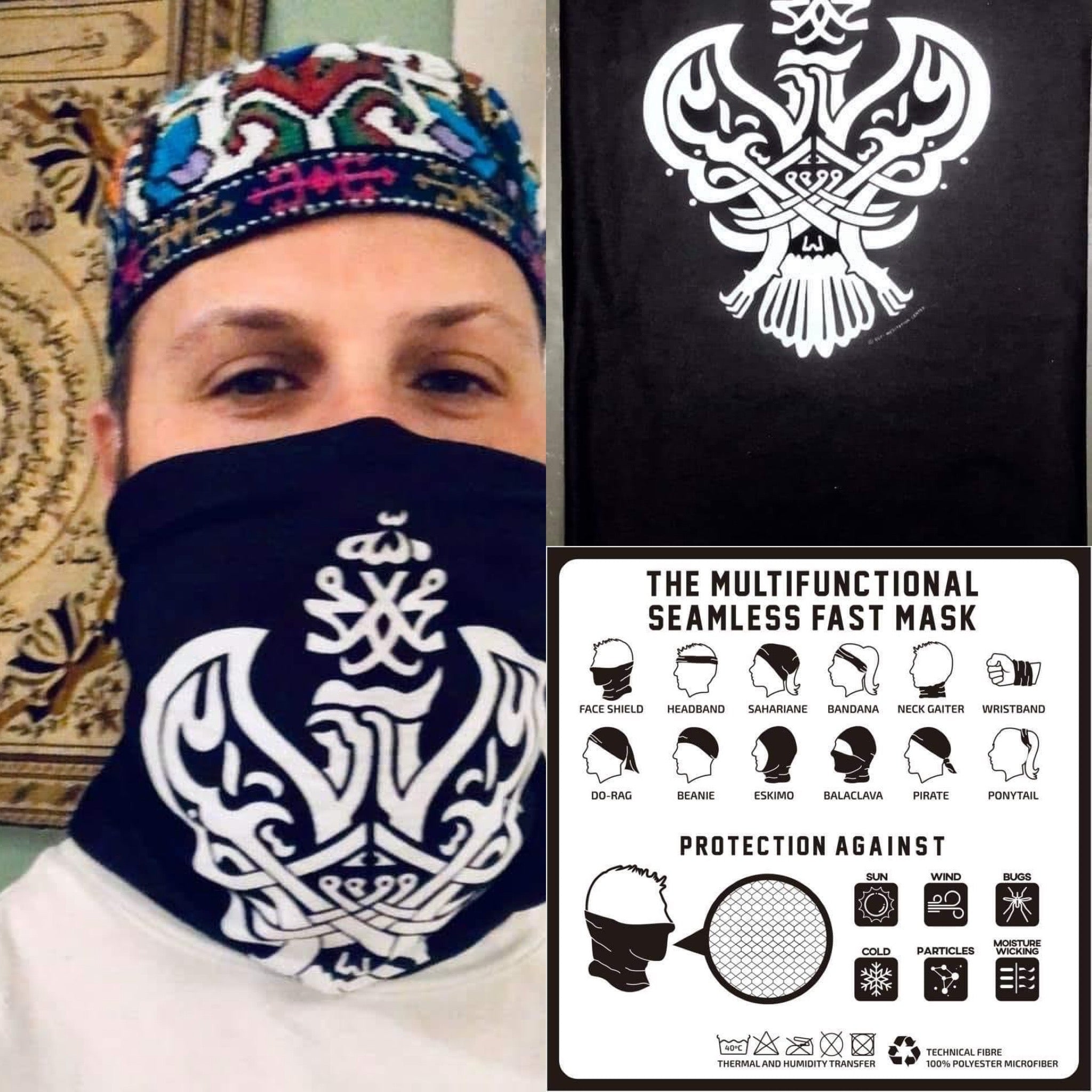 Multi-purpose Face / Head Covering with blessed Sufi Phoenix calligraphy.