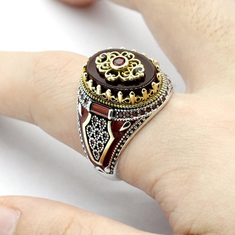 HANDMADE STERLING AGATE TURKISH RING FOR MEN