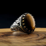 HANDMADE STERLING SILVER AGATE/TIGER'SEYE TURKISH RING FOR MEN