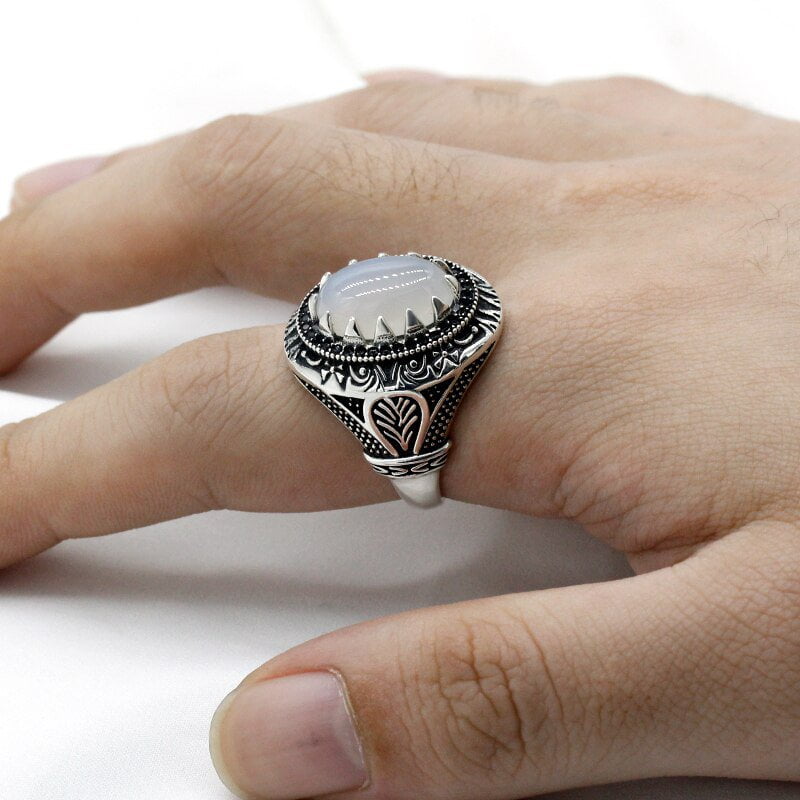NATURAL WHITE AGATE THAI SILVER RING FOR MEN