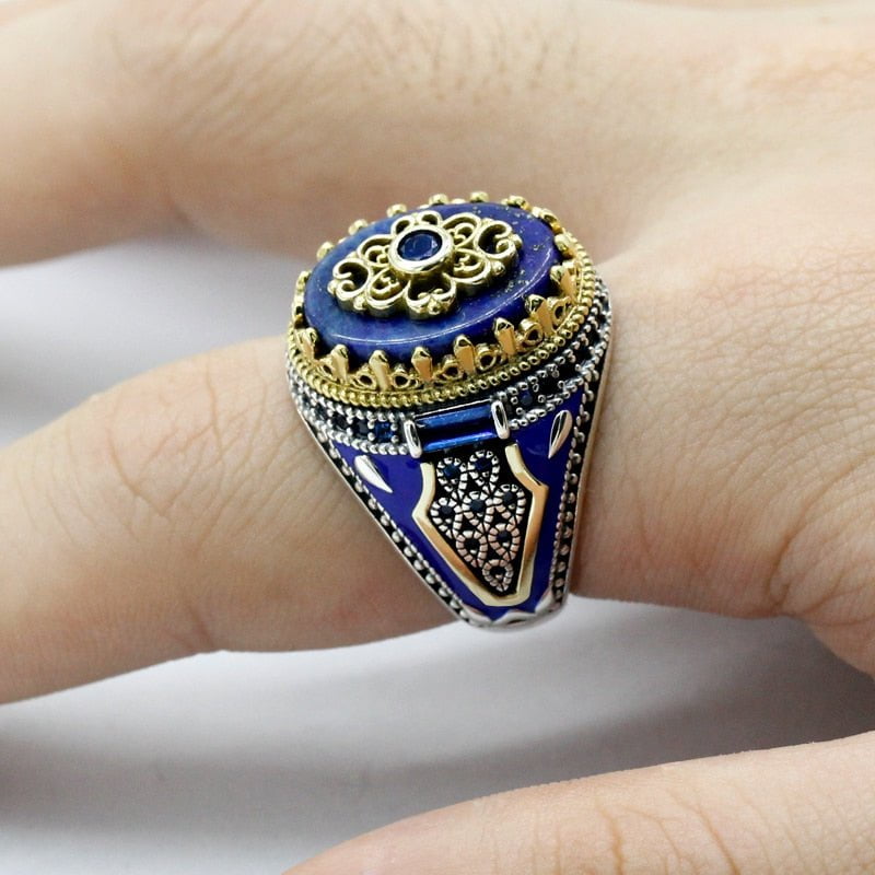 VINTAGE CROWN STERLING SILVER NATURAL LAPIS LAZULI RING FOR MEN