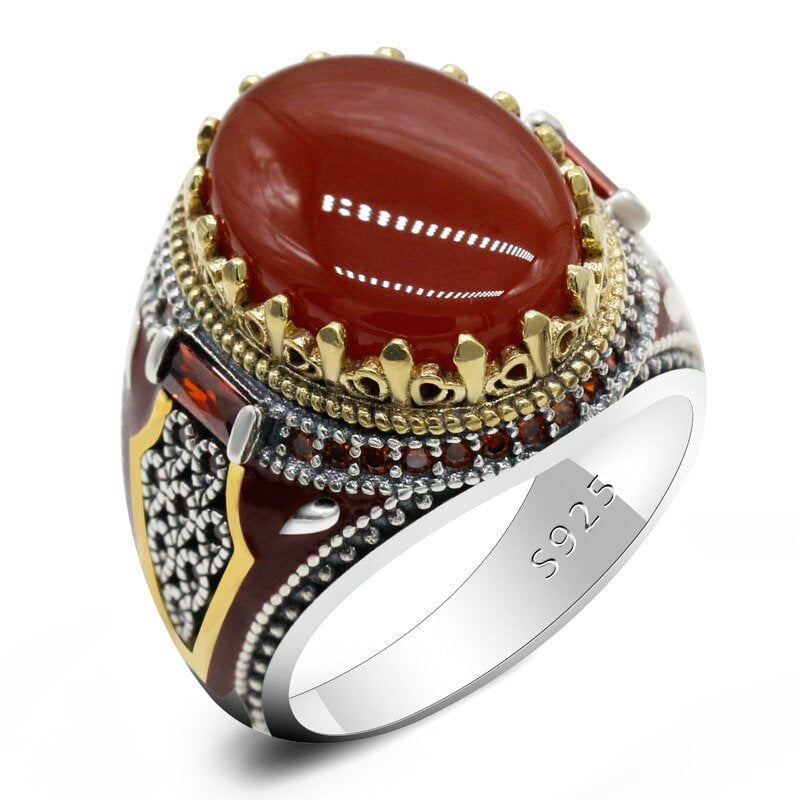 HANDMADE NATURAL AGATE STERLING SILVER TURKISH RING FOR MEN