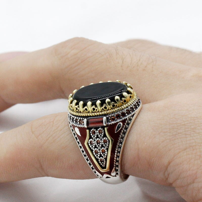 HANDMADE STERLING BLACK AGATE TURKSIH RING FOR MEN