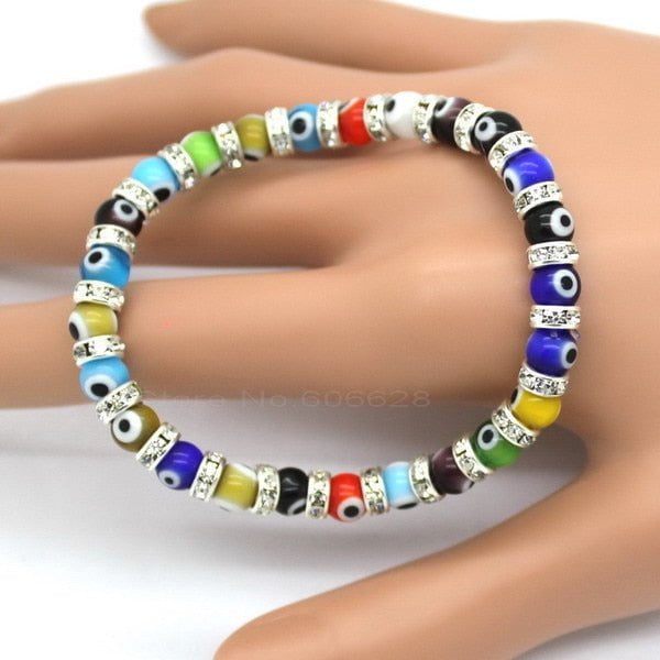 Evil Eye Bracelets, Composed of Eye Glass Beads and 6 Mm Diamante ,6 Color