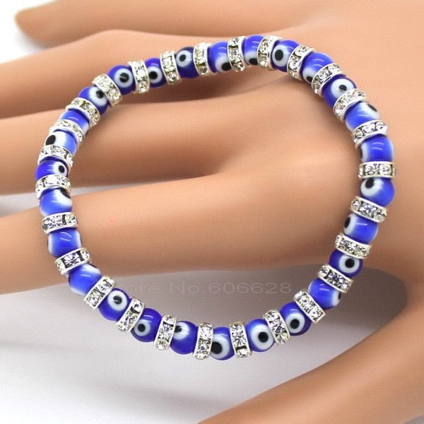 Evil Eye Bracelets, Composed of Eye Glass Beads and 6 Mm Diamante ,6 Color