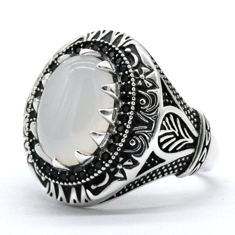 NATURAL WHITE AGATE THAI SILVER RING FOR MEN