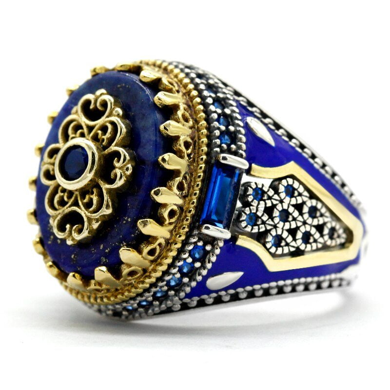 VINTAGE CROWN STERLING SILVER NATURAL LAPIS LAZULI RING FOR MEN