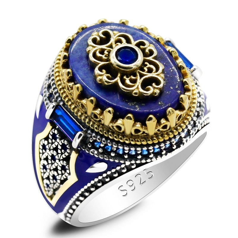 VINTAGE CROWN STERLING SILVER NATURAL LAPIS LAZULI RING FOR MEN