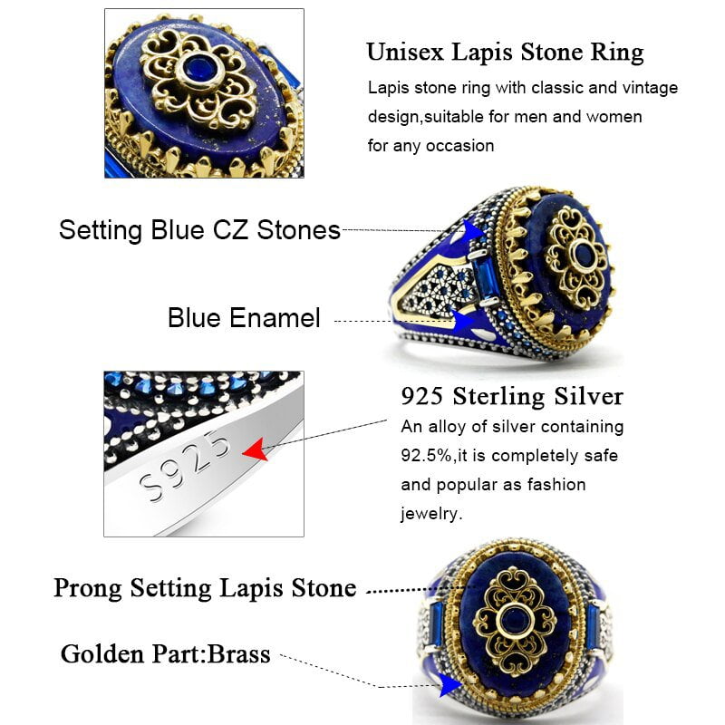 VINTAGE CROWN STERLING SILVER NATURAL LAPIS LAZULI RING FOR MEN