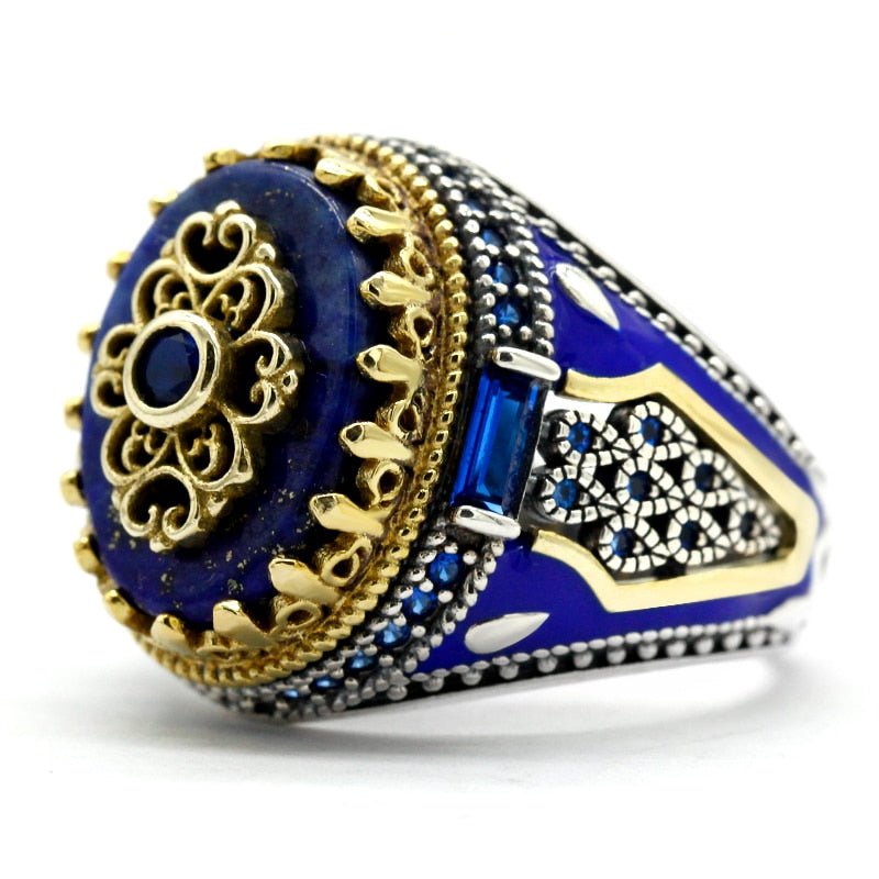 VINTAGE CROWN STERLING SILVER NATURAL LAPIS LAZULI RING FOR MEN