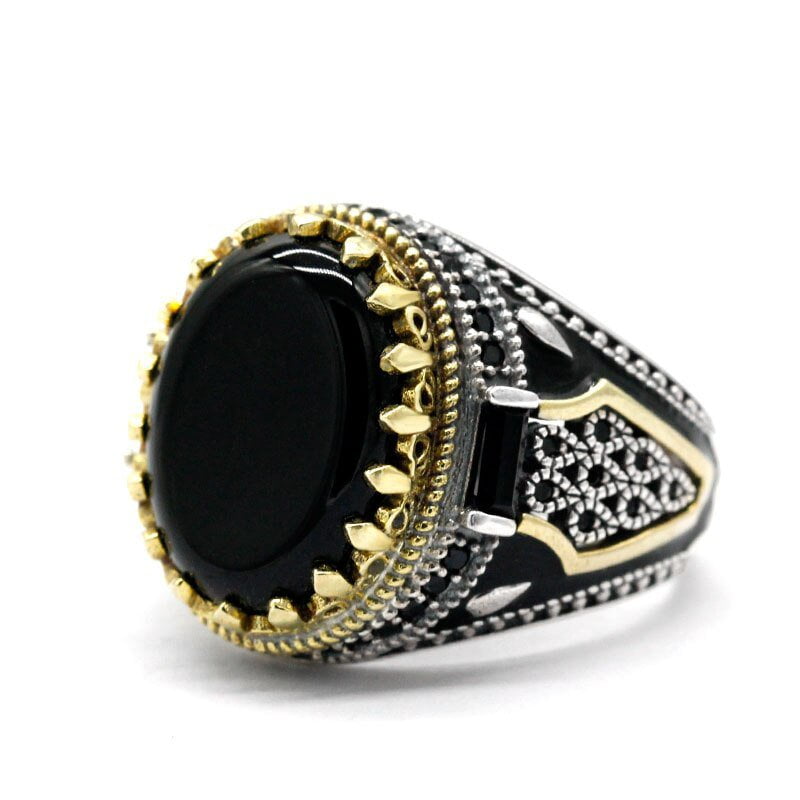 HANDMADE STERLING BLACK AGATE TURKSIH RING FOR MEN