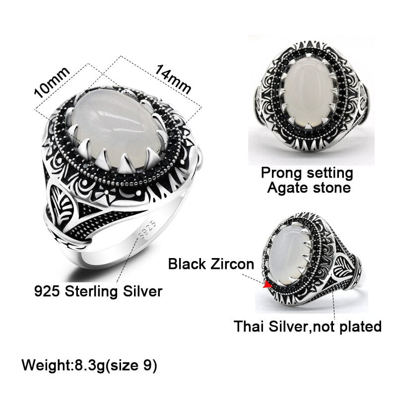 NATURAL WHITE AGATE THAI SILVER RING FOR MEN