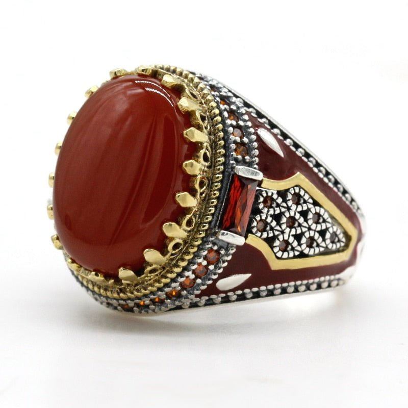 HANDMADE NATURAL AGATE STERLING SILVER TURKISH RING FOR MEN