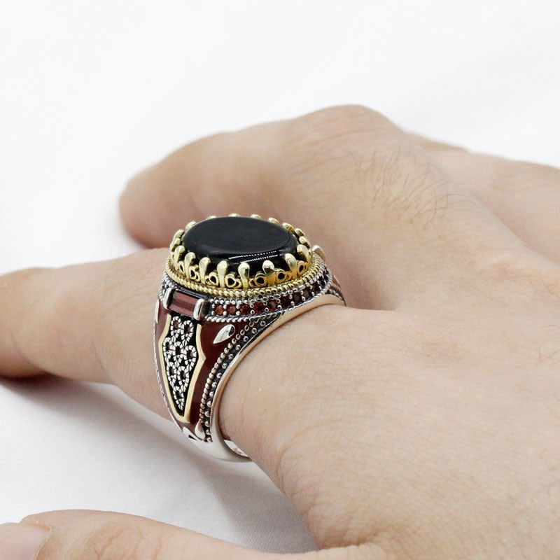 HANDMADE STERLING BLACK AGATE TURKSIH RING FOR MEN