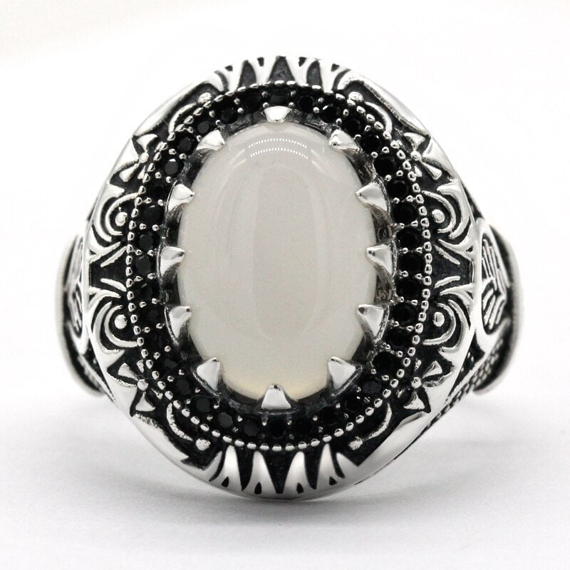 NATURAL WHITE AGATE THAI SILVER RING FOR MEN