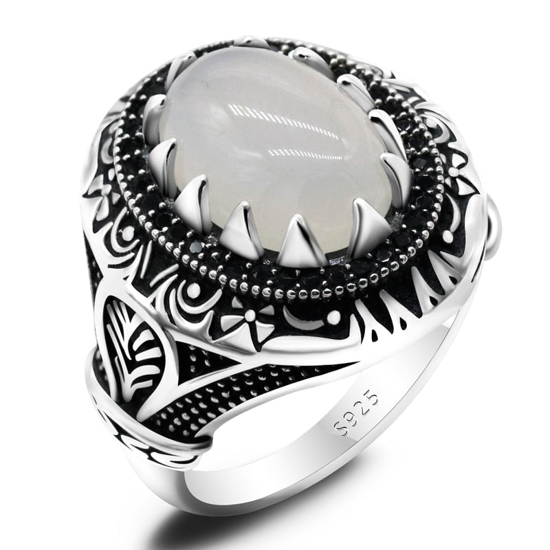 NATURAL WHITE AGATE THAI SILVER RING FOR MEN