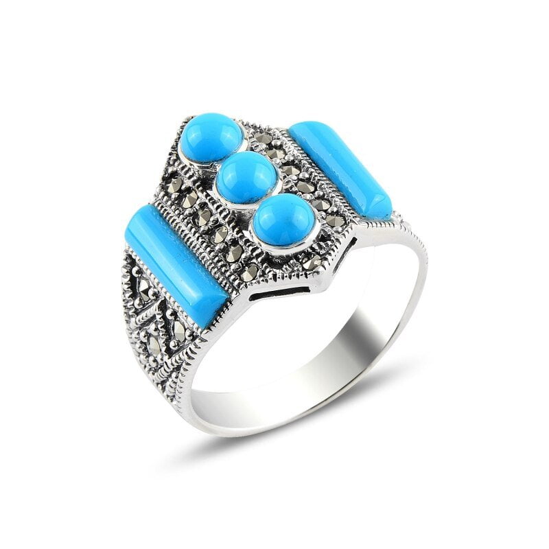 HANDMADE MARCASITE & TURQUOISE STERLING RING FOR WOMEN