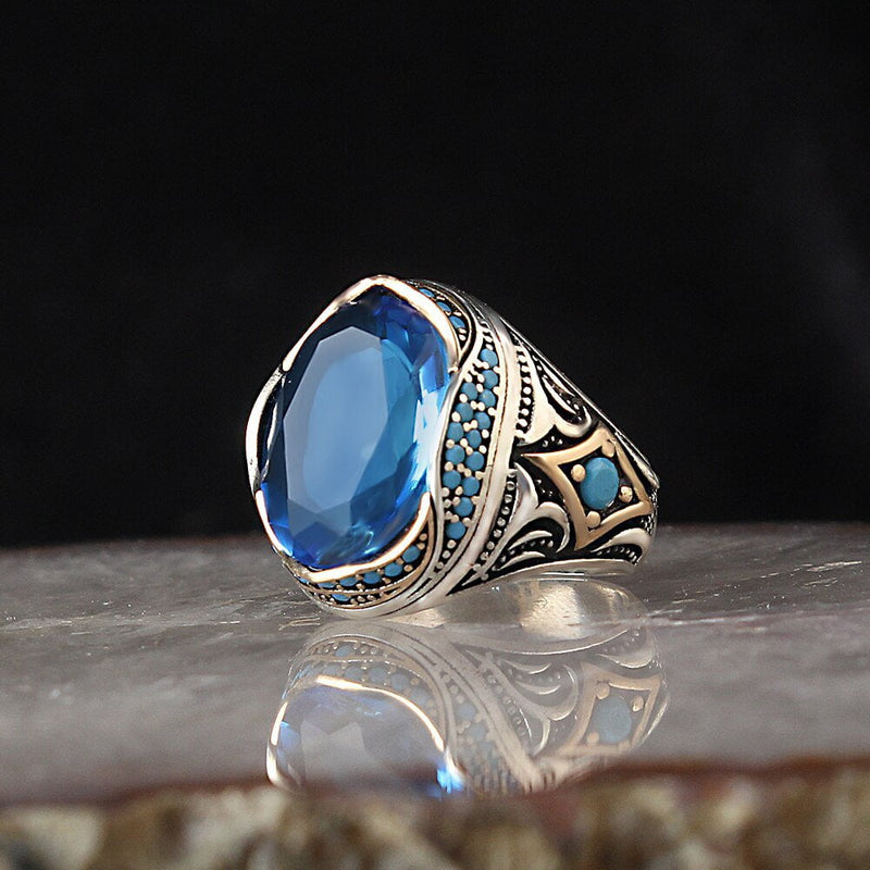 HAND CRAFTED BLUE TOPAZ TURKISH STERLING SILVER RING FOR MEN