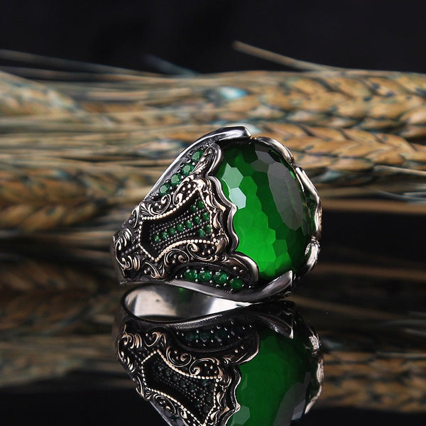 HANDMADE STERLING SILVER GREEN ZIRCONIA TURKISH RING FOR MEN