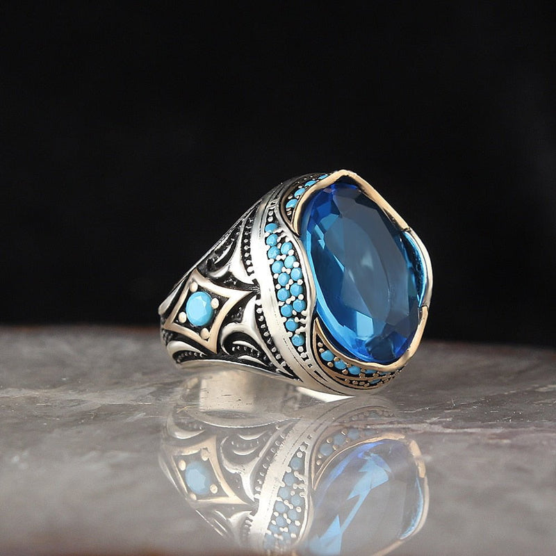 HAND CRAFTED BLUE TOPAZ TURKISH STERLING SILVER RING FOR MEN