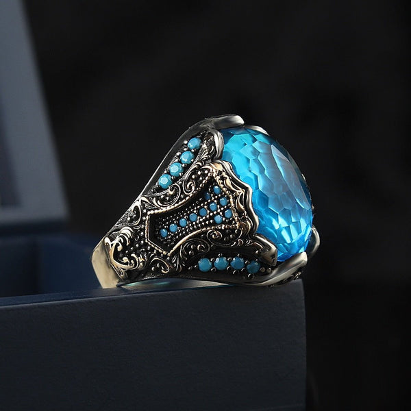 HANDMADE STERLING SILVER BLUE ZIRCON TURKISH RING FOR MEN