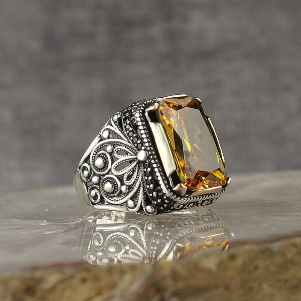 HANDMADE STERLING CITRINE ZIRCONIA SPECIAL CUT TURKISH RING FOR MEN