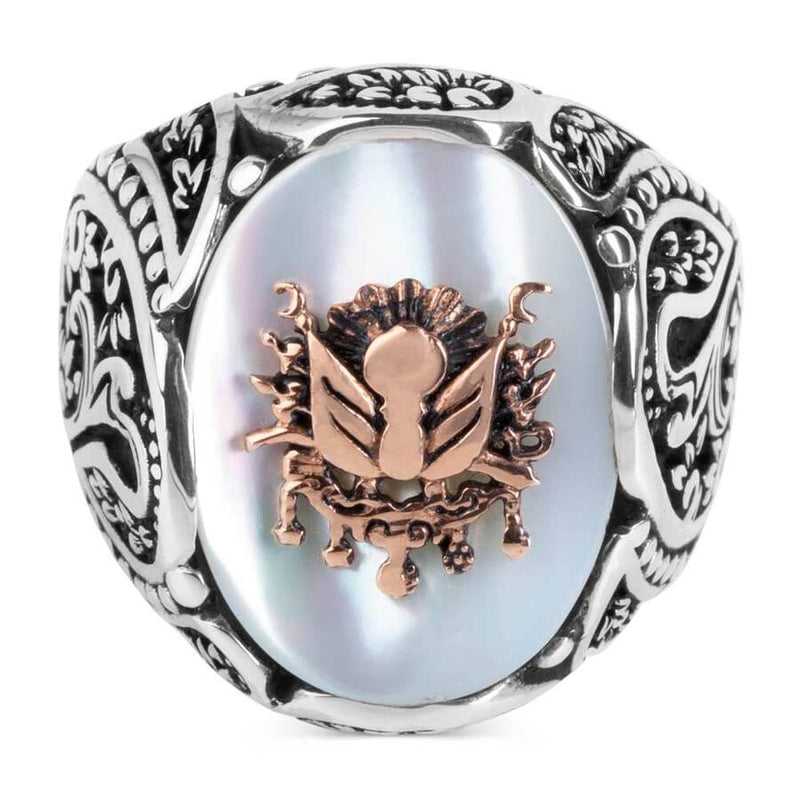 HAND CRAFTED OTTOMAN COAT OF ARMS PEARL WHITE TURKISH RING FOR MEN