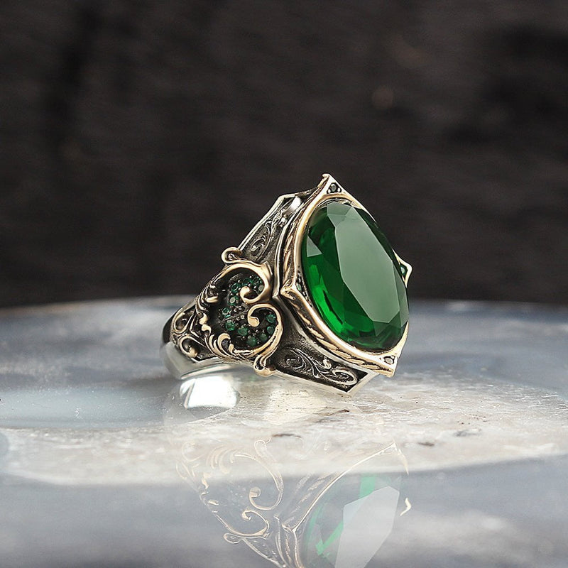 HANDMADE STERLING SILVER TURKISH GREEN ZIRCONIA RING FOR MEN